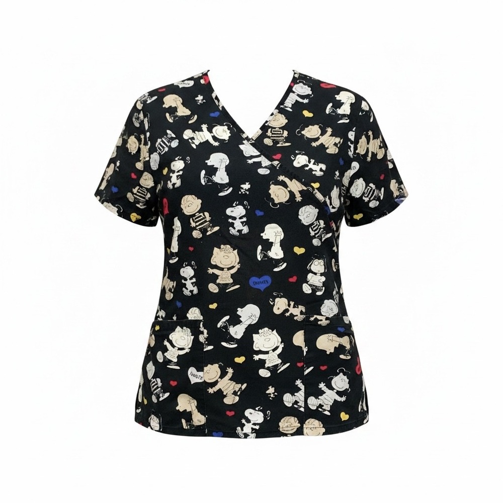 Peanuts Snoopy Charlie Brown Mock Wrap Scrub Top Black Women S Pockets